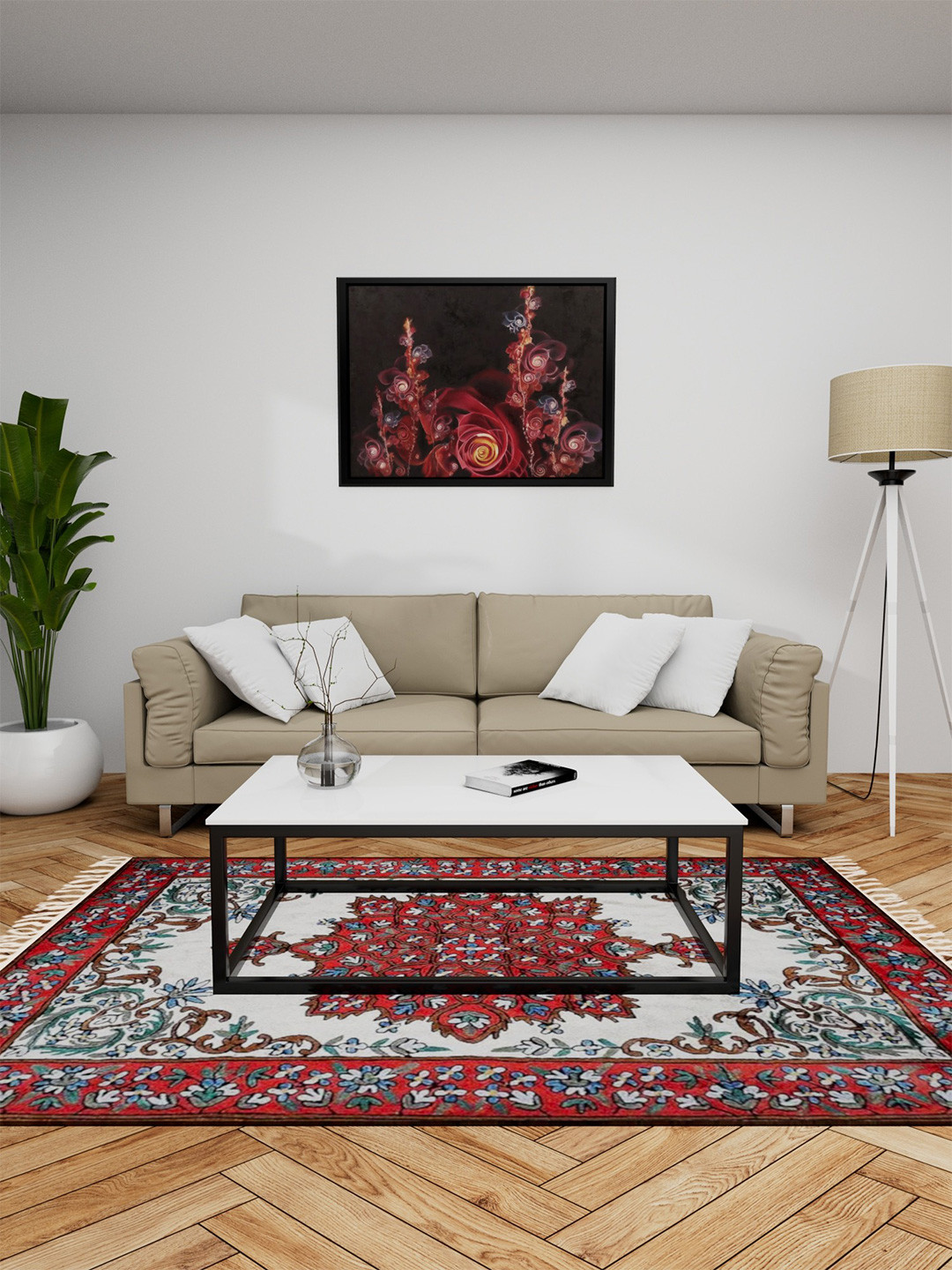 Exotic India White Ethnic Motifs Printed Woollen Carpet