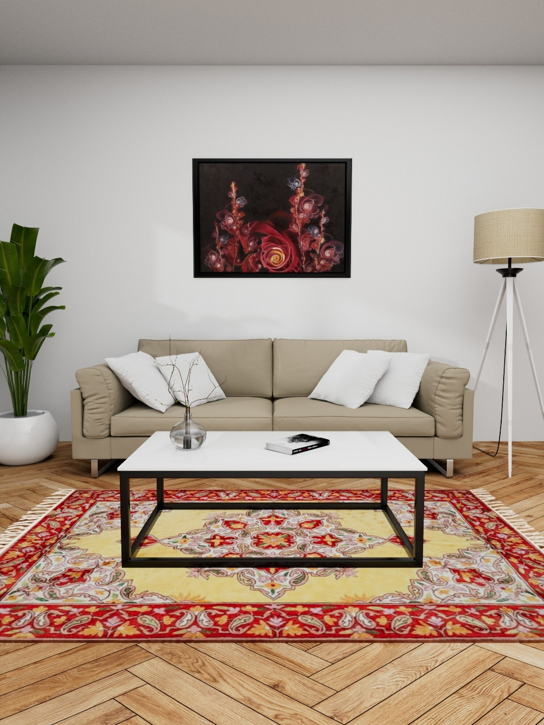 Exotic India Mellow Yellow Kashmiri Carpet with Canvas & Silk Chain Stitched Paisley Motif