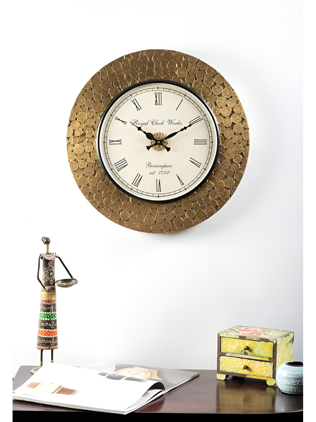 vedas C-Ashvik Cream Coloured Textured Wooden Polished & Brass Wall Clock With Dial