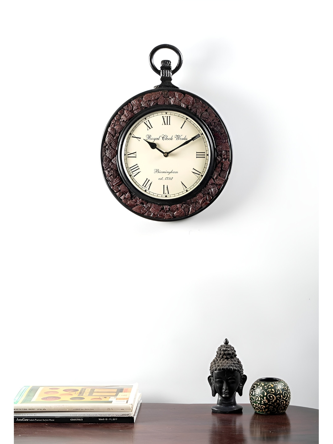vedas C-Nishith Heritage Black & Brown Textured Wooden & Brass Wall Clock With Dial