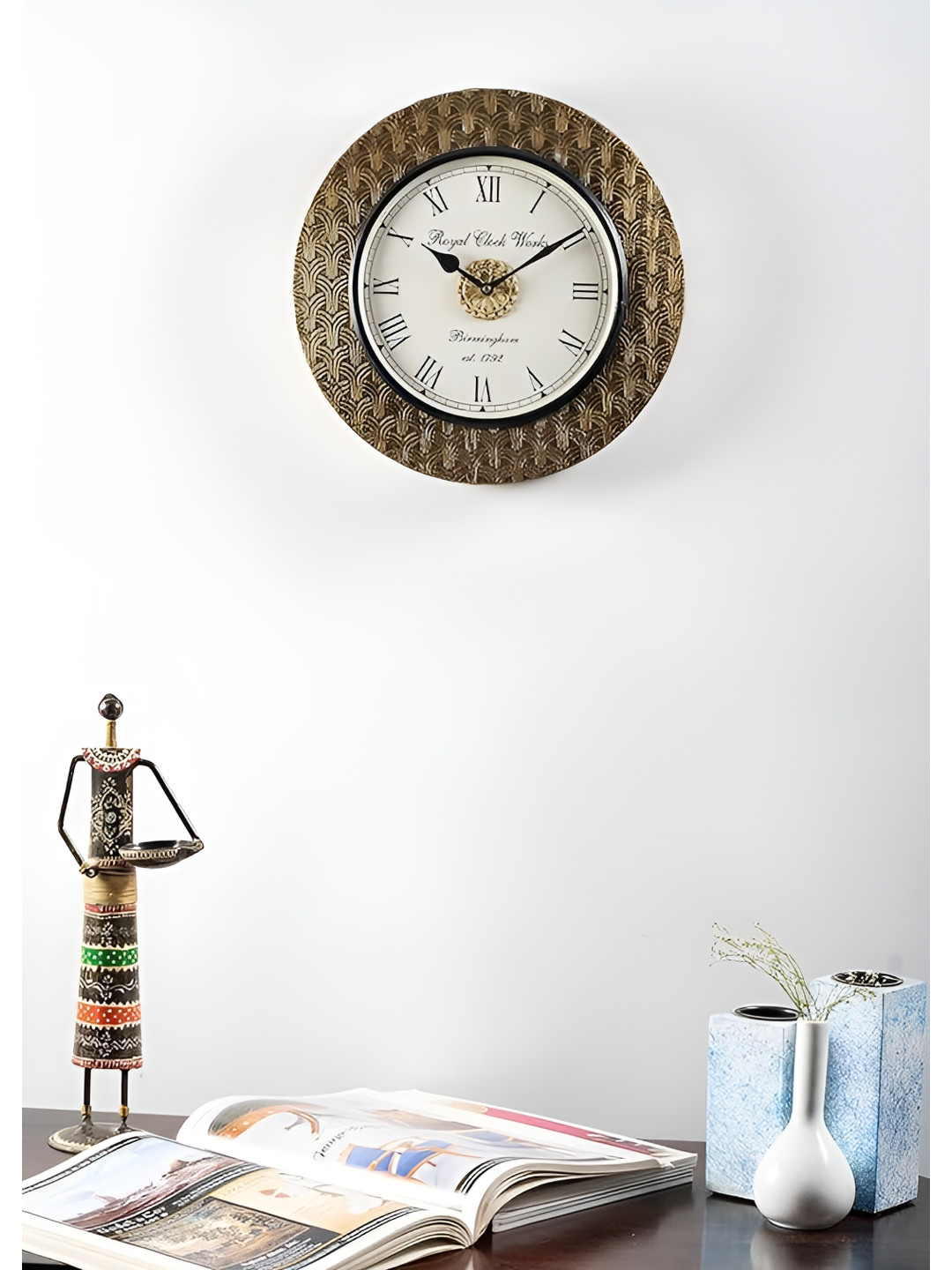 vedas C-Sayan Brown Metal Non Ticking Round Battery Analogue Wall Clock-30cm