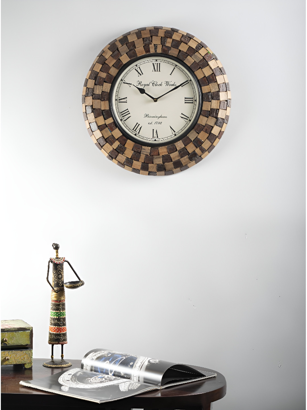 vedas C-Tisya Heritage Brown Metal Large Display Round Battery Analogue Wall Clock-30cm