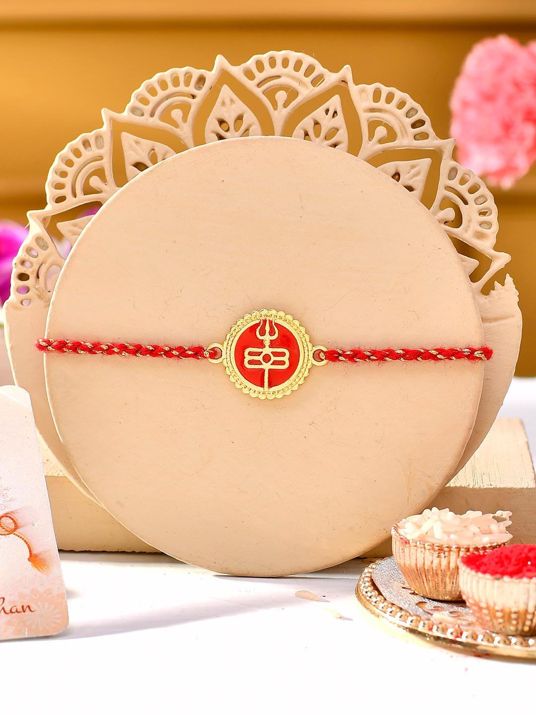 Red Enamel And Gold Rudra-Tilaka Rakhi For Brother
