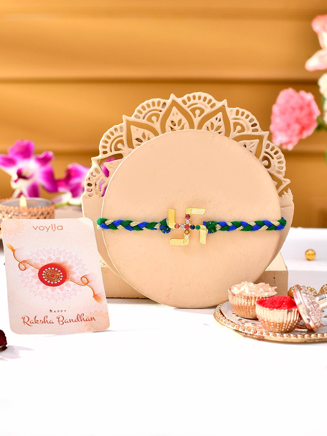 Voylla Gold Navratan Swastik Rakhi