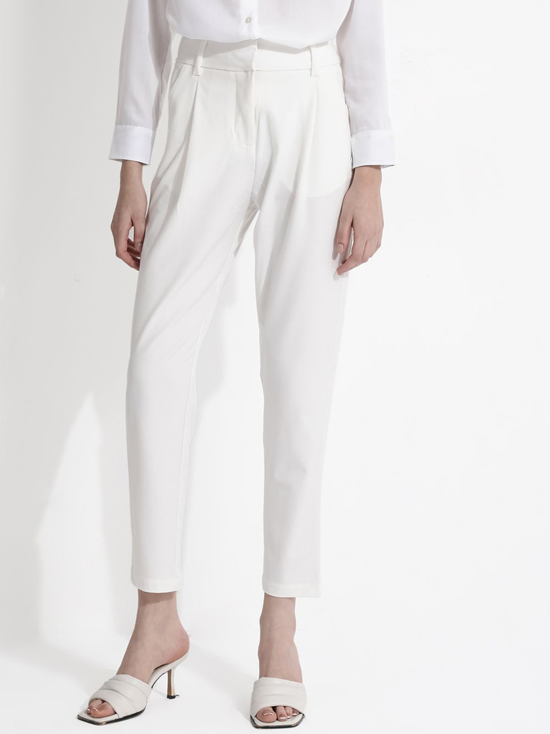 RAREISM Women Comfort Tapered Fit High-Rise Pleated Cotton Peg Formal Trousers