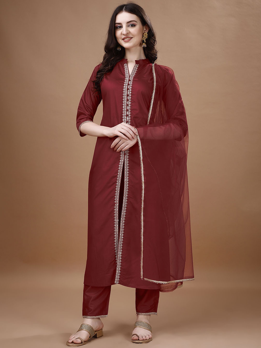 WORIVOC Women Embroidered Regular Thread Work Kurta with Trousers & Dupatta
