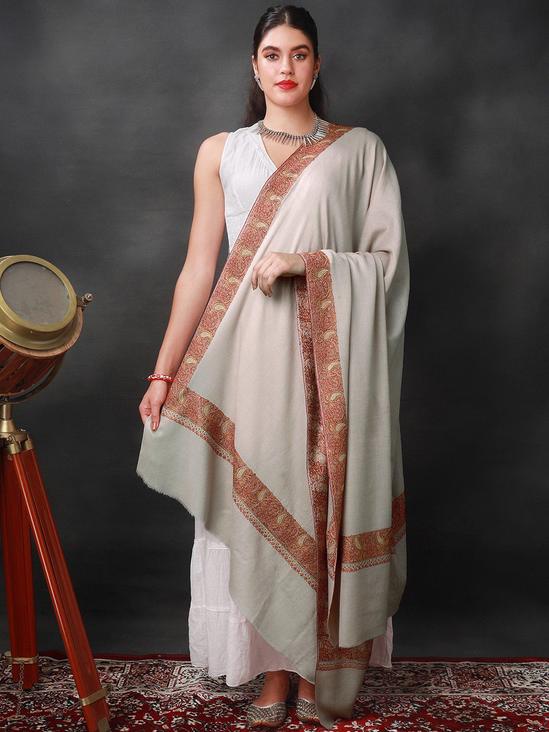 Exotic India Chateau Gray Pure Wool Extra-Wide Shawl with Sozni Embroidered Border