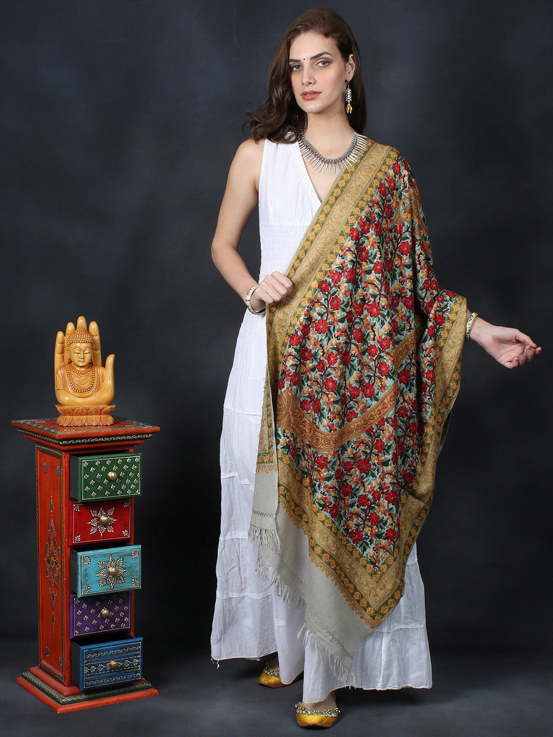 Exotic India London Fog Shawl with All-Over Multicolor Floral Motif Aari Embroidery