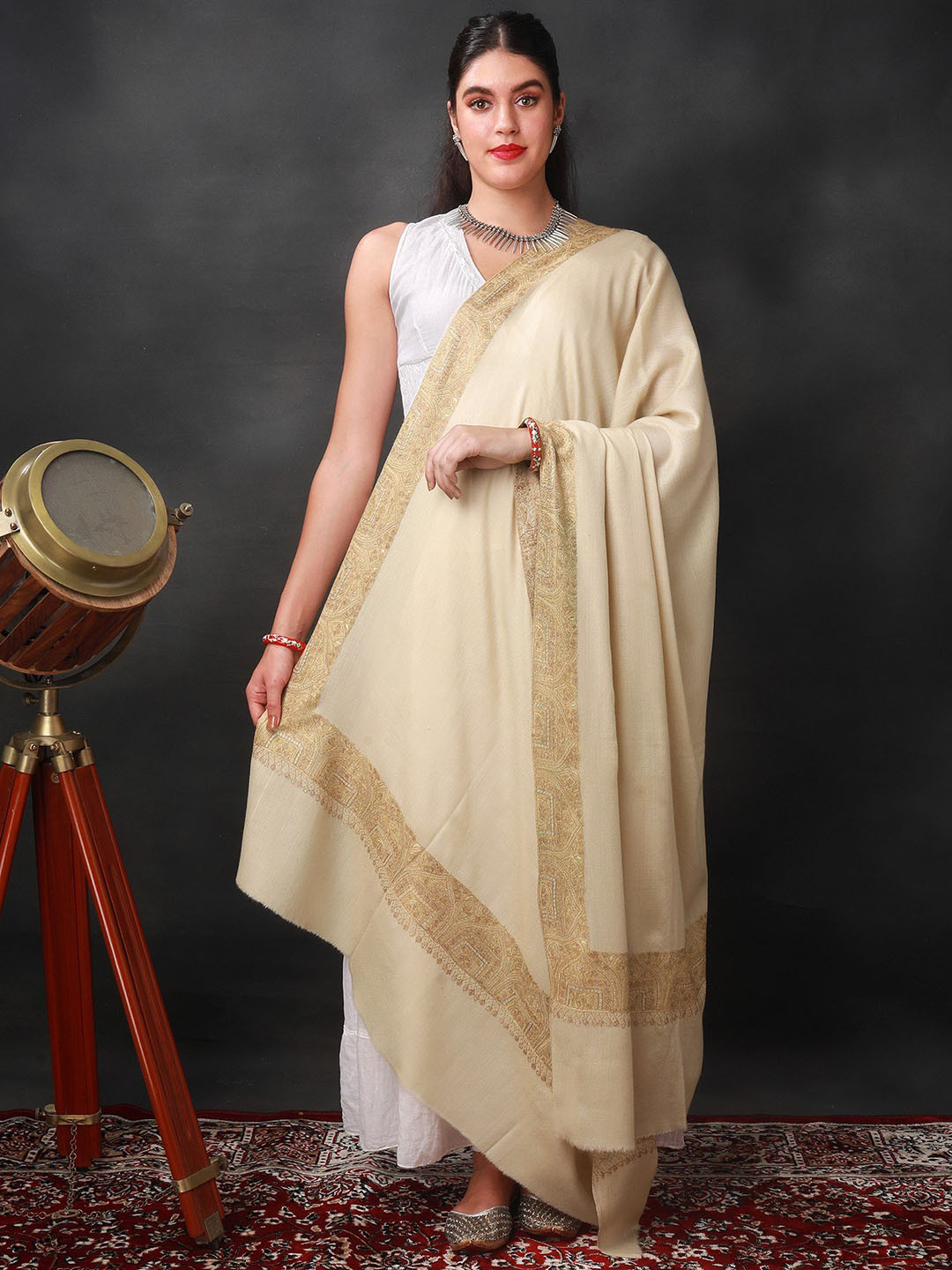 Exotic India Almond Cream Diamond Weave Shawl with Sozni Hand-Embroidered Mughal Border