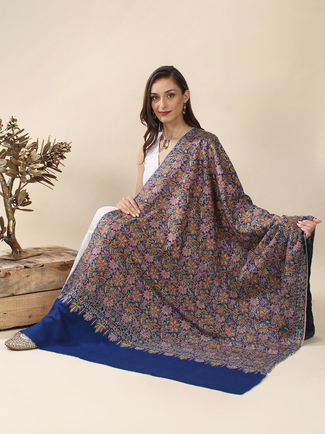 Exotic India Royal Blue Hand-Embroidered Jamawar Shawl with Papier-Mache Floral Vines