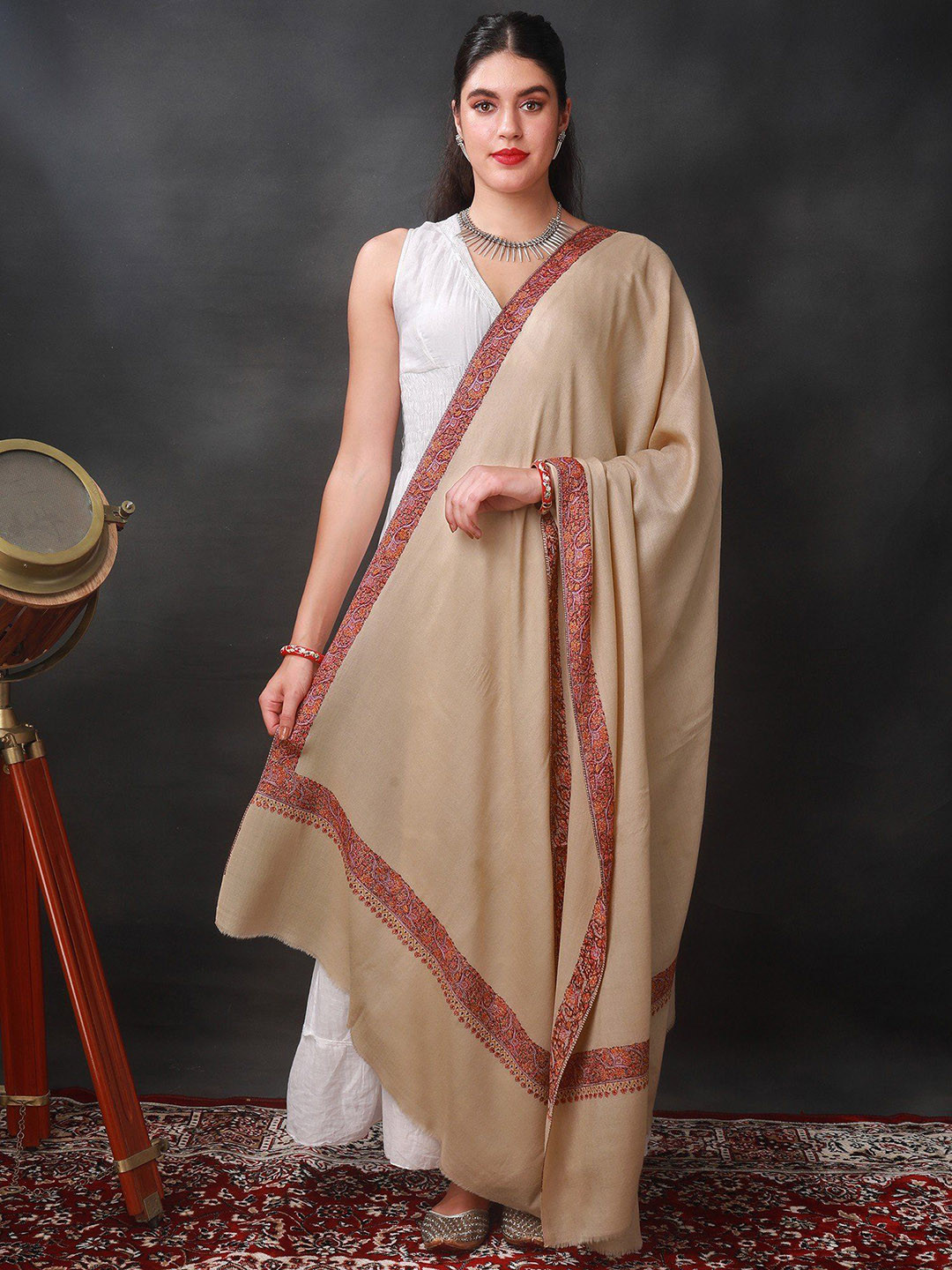 Exotic India Rugby Tan Pure Wool Extra-Wide Shawl with Sozni Embroidered Border
