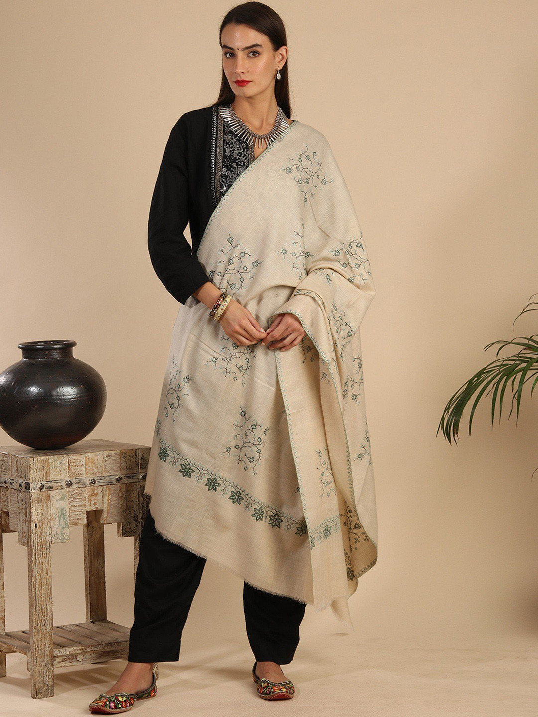 Exotic India White Swan Pure Pashmina Sozni Hand Embroidered Aksi Butta Shawl