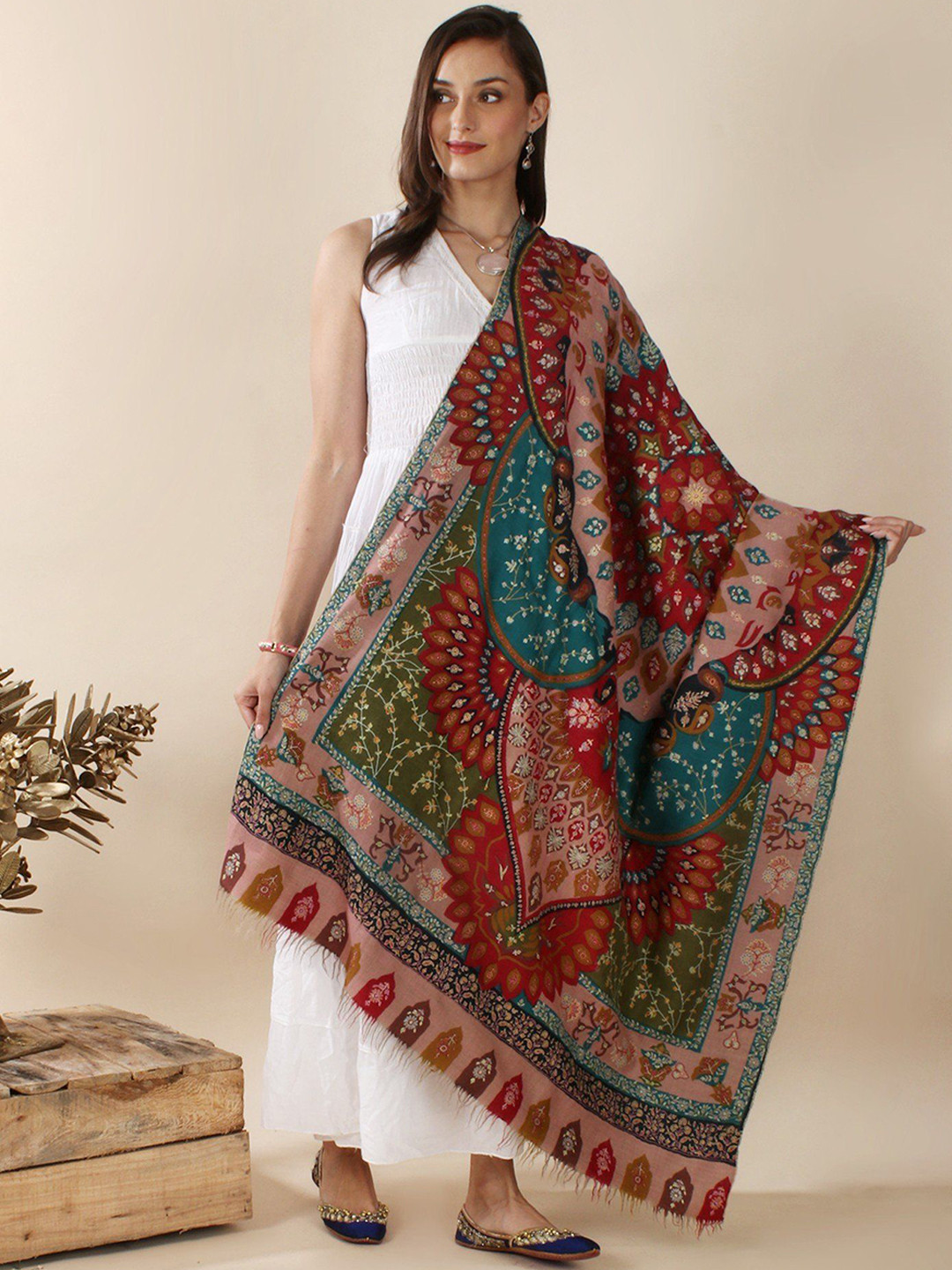 Exotic India Dusty-Pink Pure Pashmina Sozni Hand-Embroidered Jamawar Kani Border Shawl