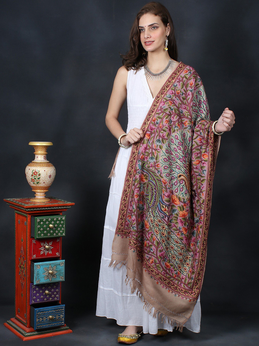 Exotic India Nomad Brown Pure Wool Shawl with Aari Embroidered Peacocks