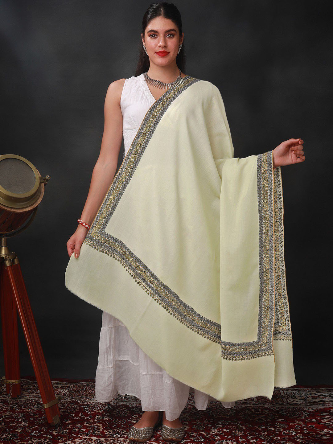 Exotic India Eggnog Cream Sozni Hand-Embroidered Shawl with Floral-Paisley Motif Border