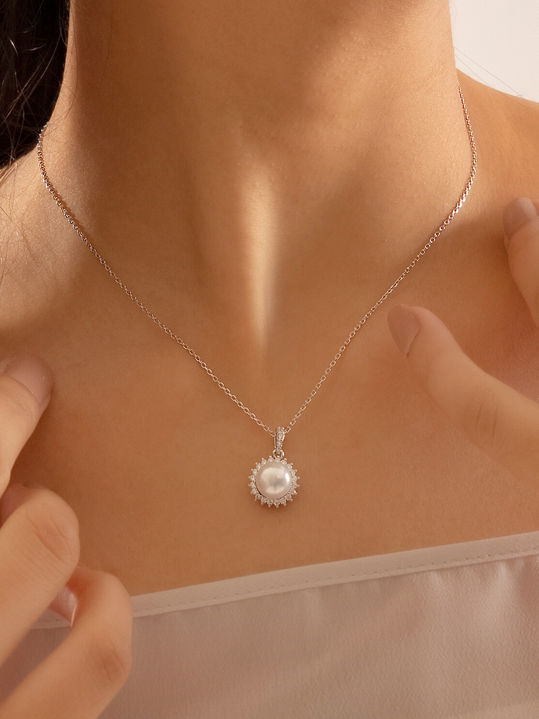 Nistra 925 Sterling Silver Rhodium-Plated CZ-Studded & Pearls Beaded Pendant with Chain