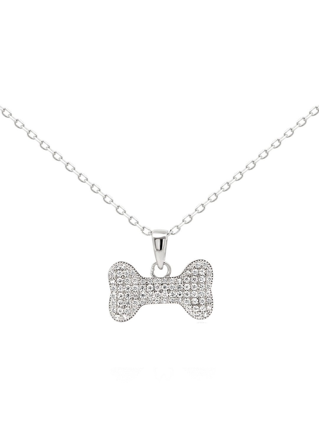 Nistra Rhodium-Plated CZ Stone Studded Dog Bone Pendants With Chains