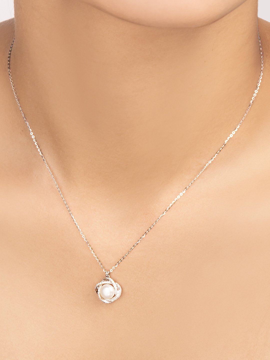 Nistra Stainless Steel Silver-Plated CZ-Stone Studded & Pearls-Beaded Pendant