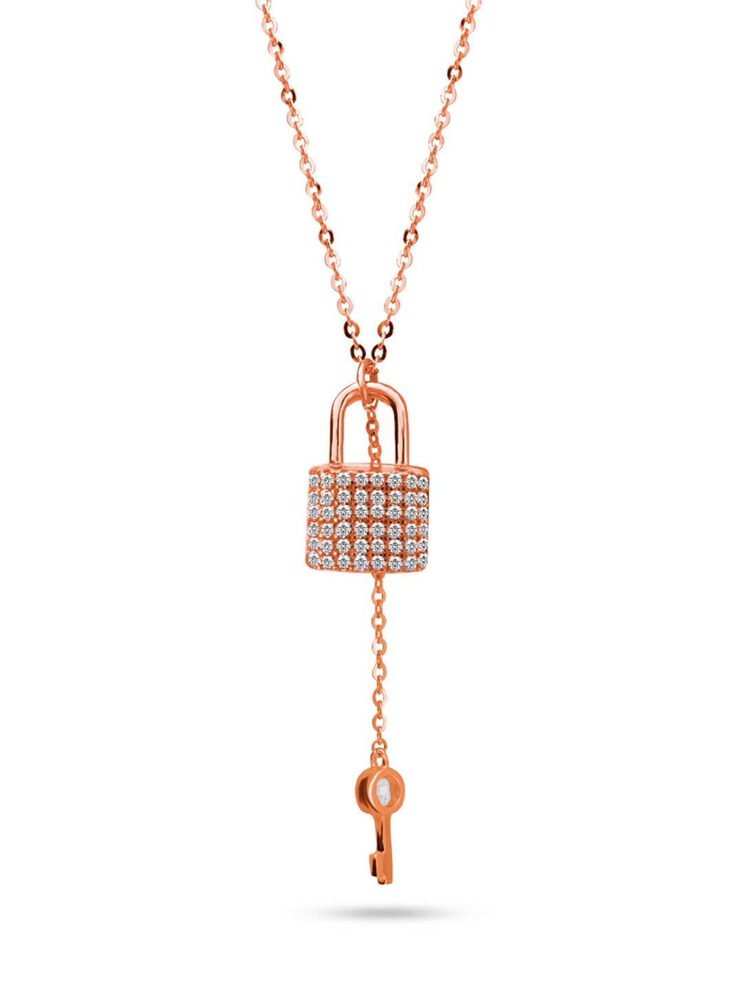 Nistra Rose Gold-Plated CZ-Studded Lock & Key-Shaped Pendant With Chain