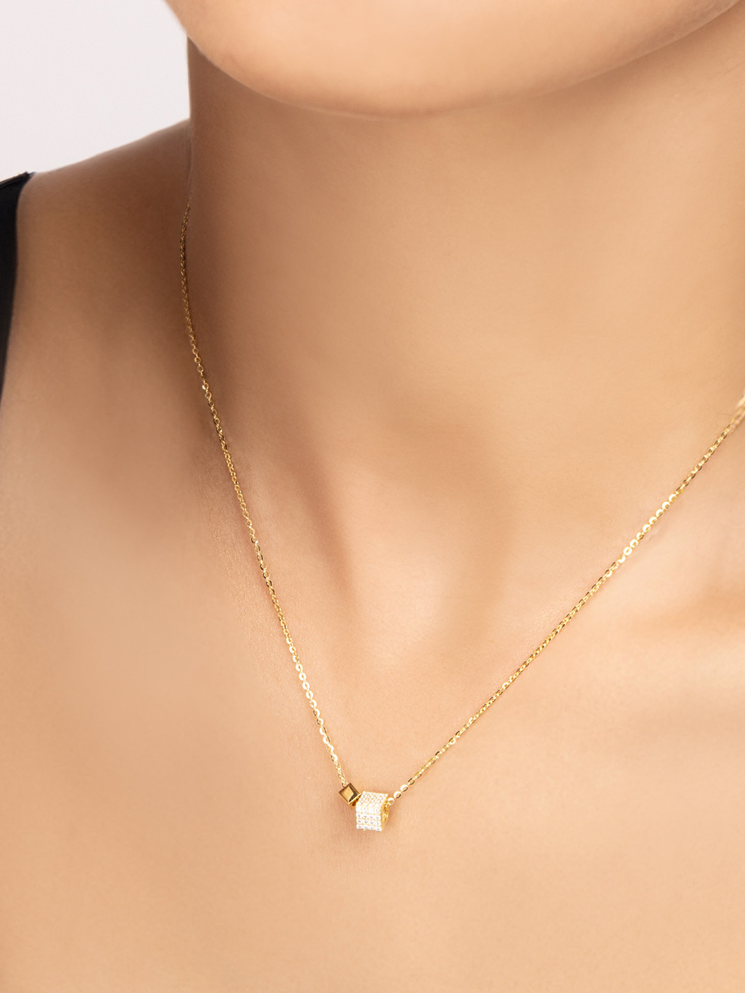 Nistra Gold-Plated CZ-Studded Cube-Shaped Pendant Chain