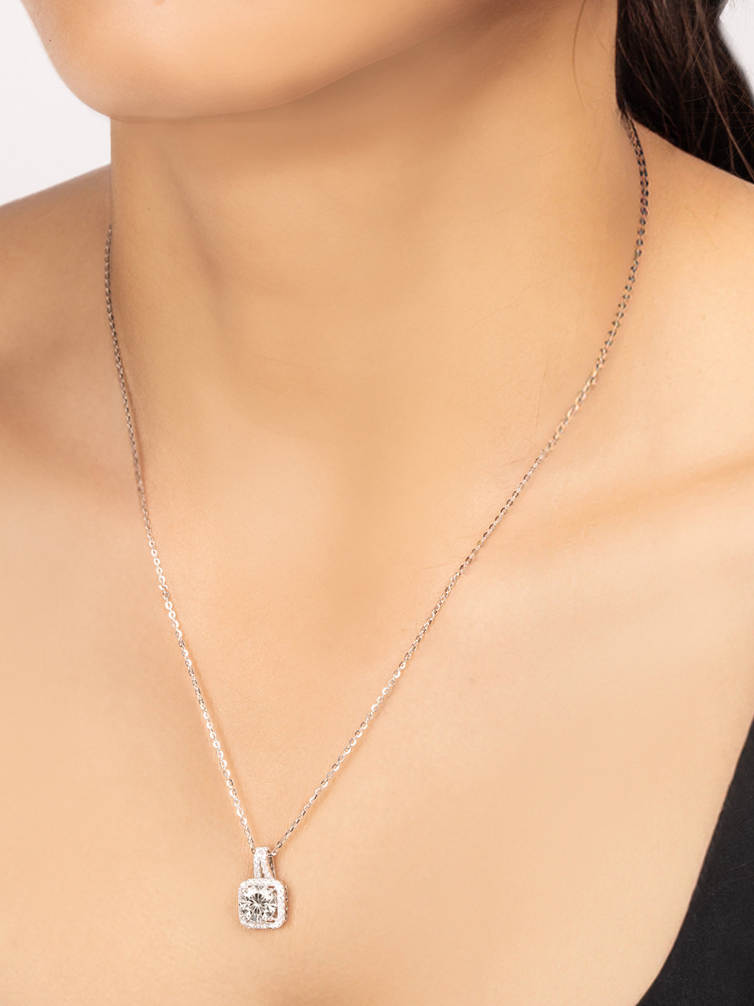 Nistra Women Rhodium-Plated Stone Studded Starlight Moissanite Pendants With Chains