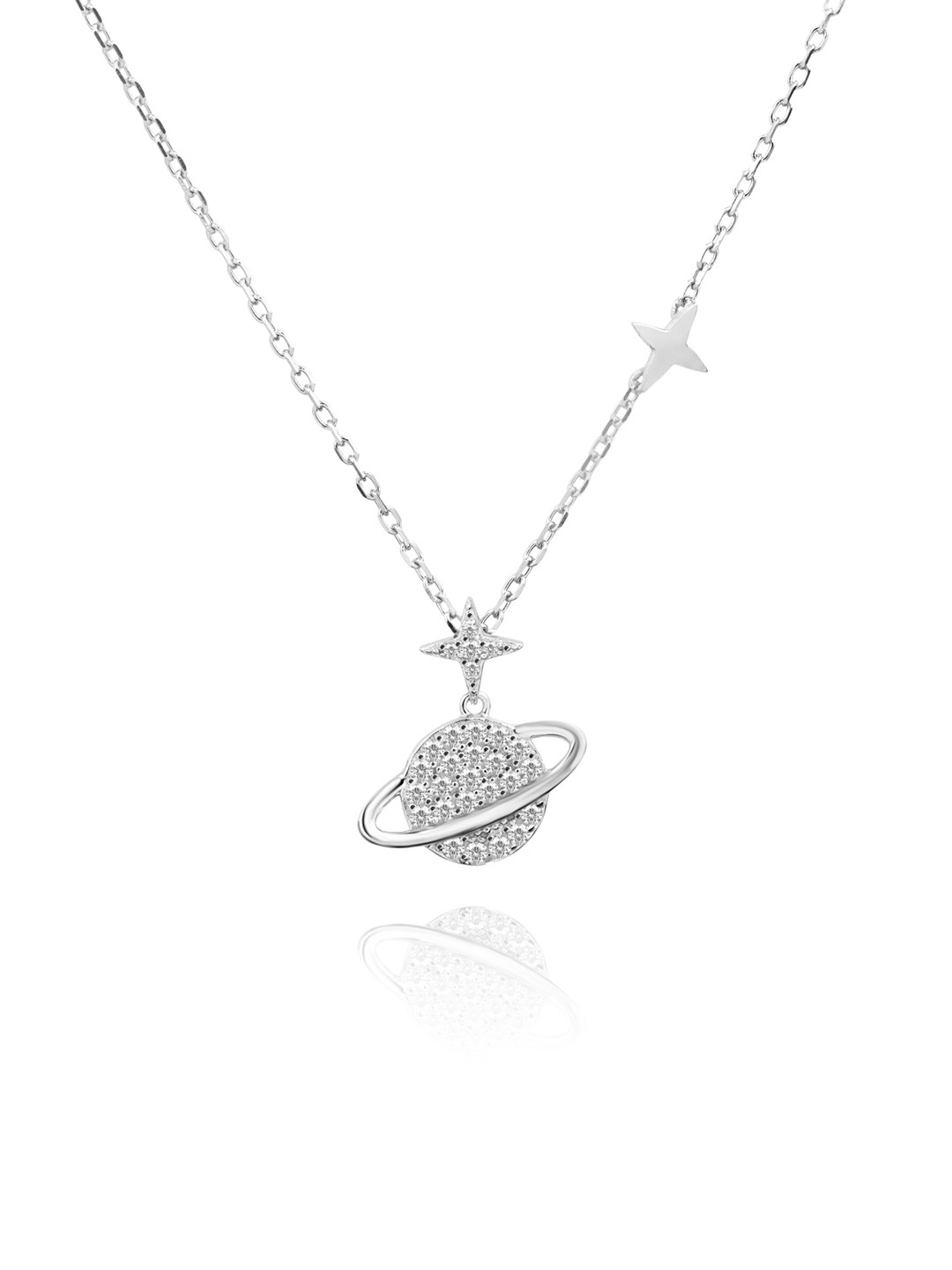 Nistra Sterling Silver Rhodium-Plated CZ Studded Planet Shaped Pendant With Chain