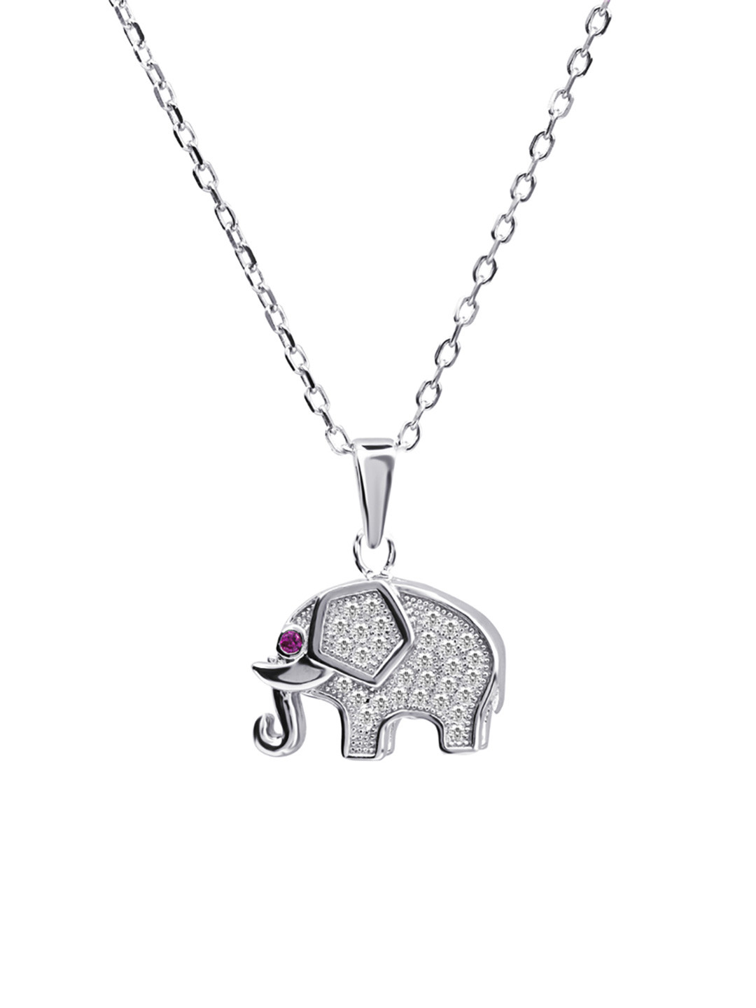 Nistra Sterling Silver Rhodium-Plated CZ-Studded Elephant's -Charm Pendant With Chain