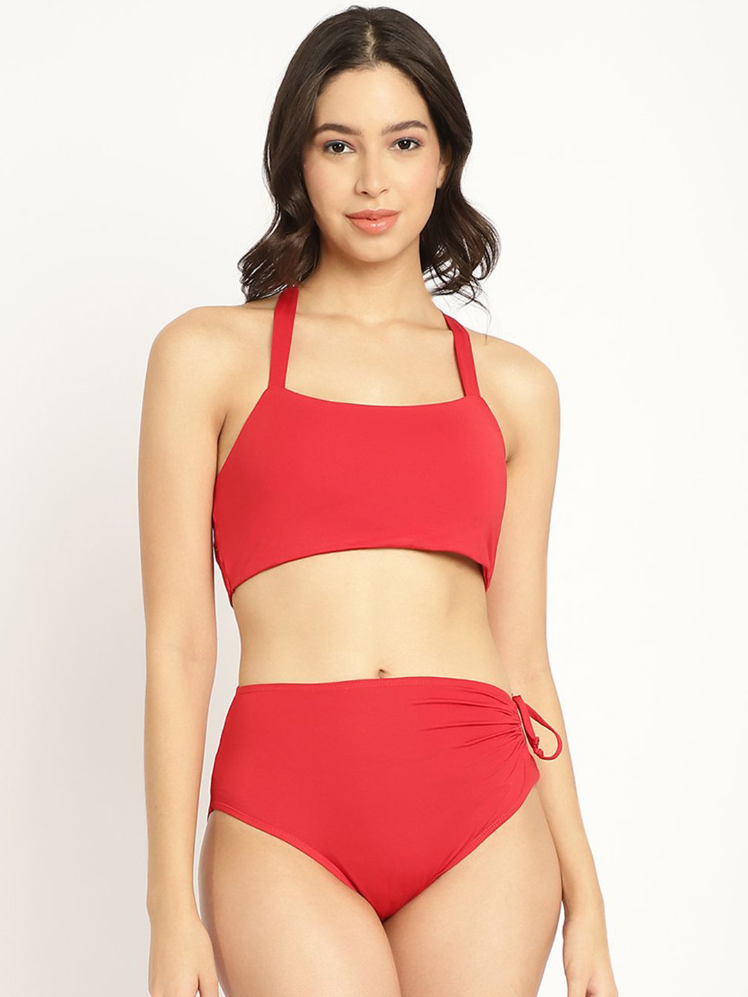 Aoba Solid Shoulder Straps Two Piece Swim Bikini Set