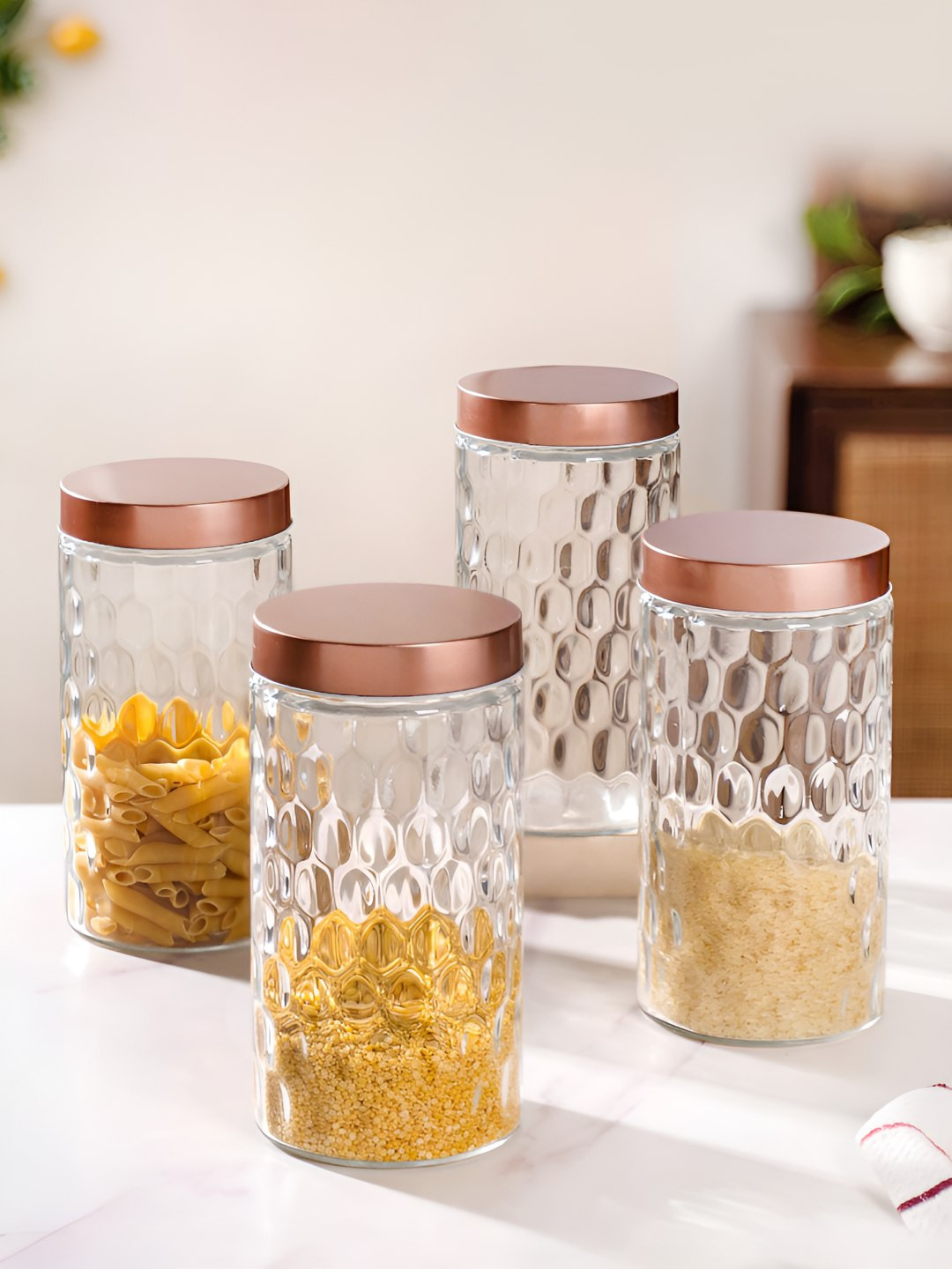 Nestasia Pack Of 4 Transparent  Honeycomb Glass Jar With Lid
