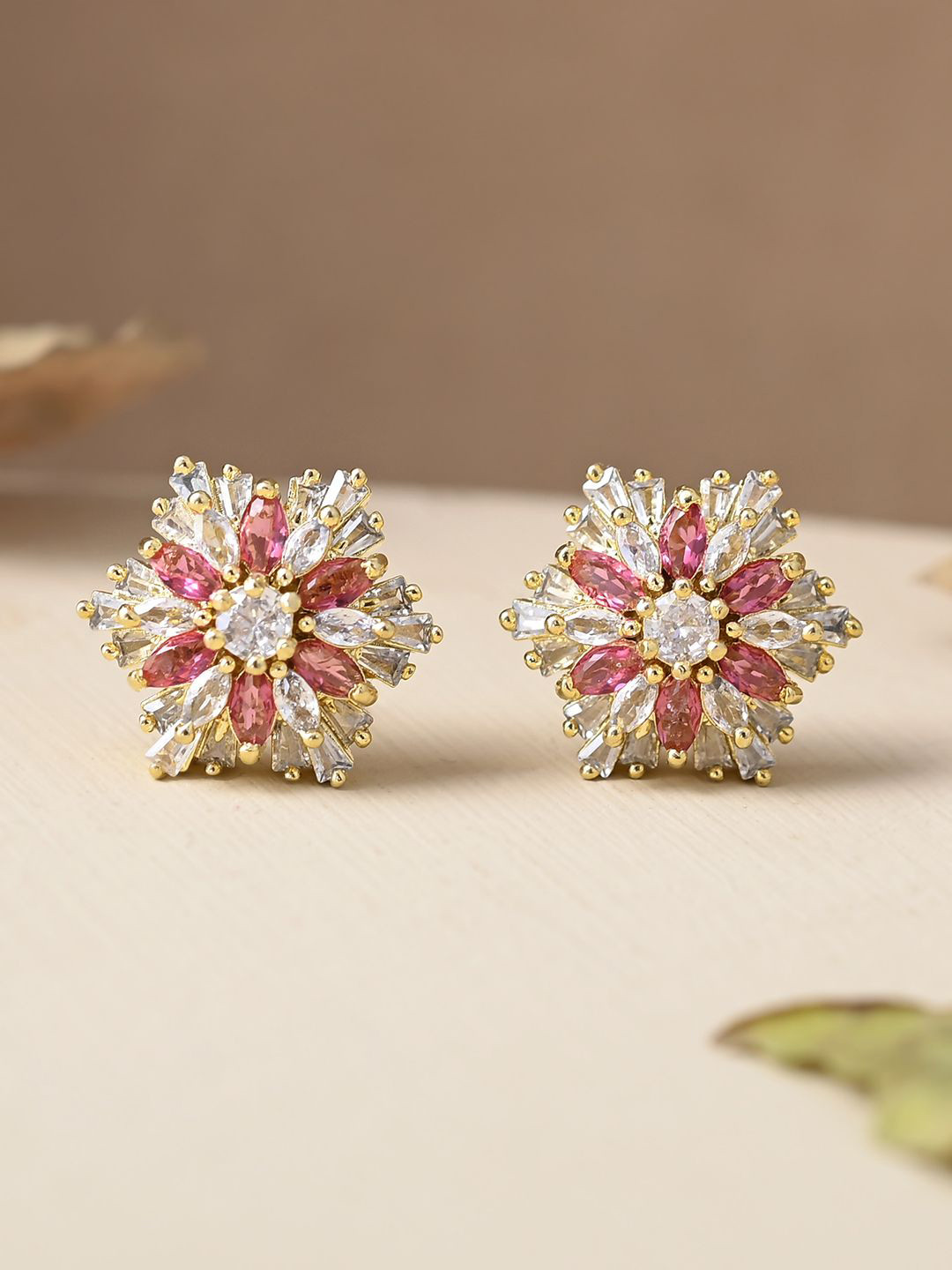 Sparkling Elegance Statement Pink Floral Stud Earrings