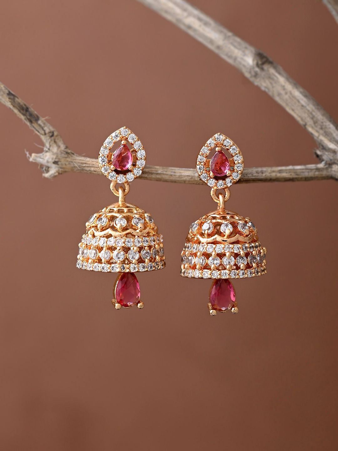 Sparkling Elegance Pink And White Cz Jhumka Earrings