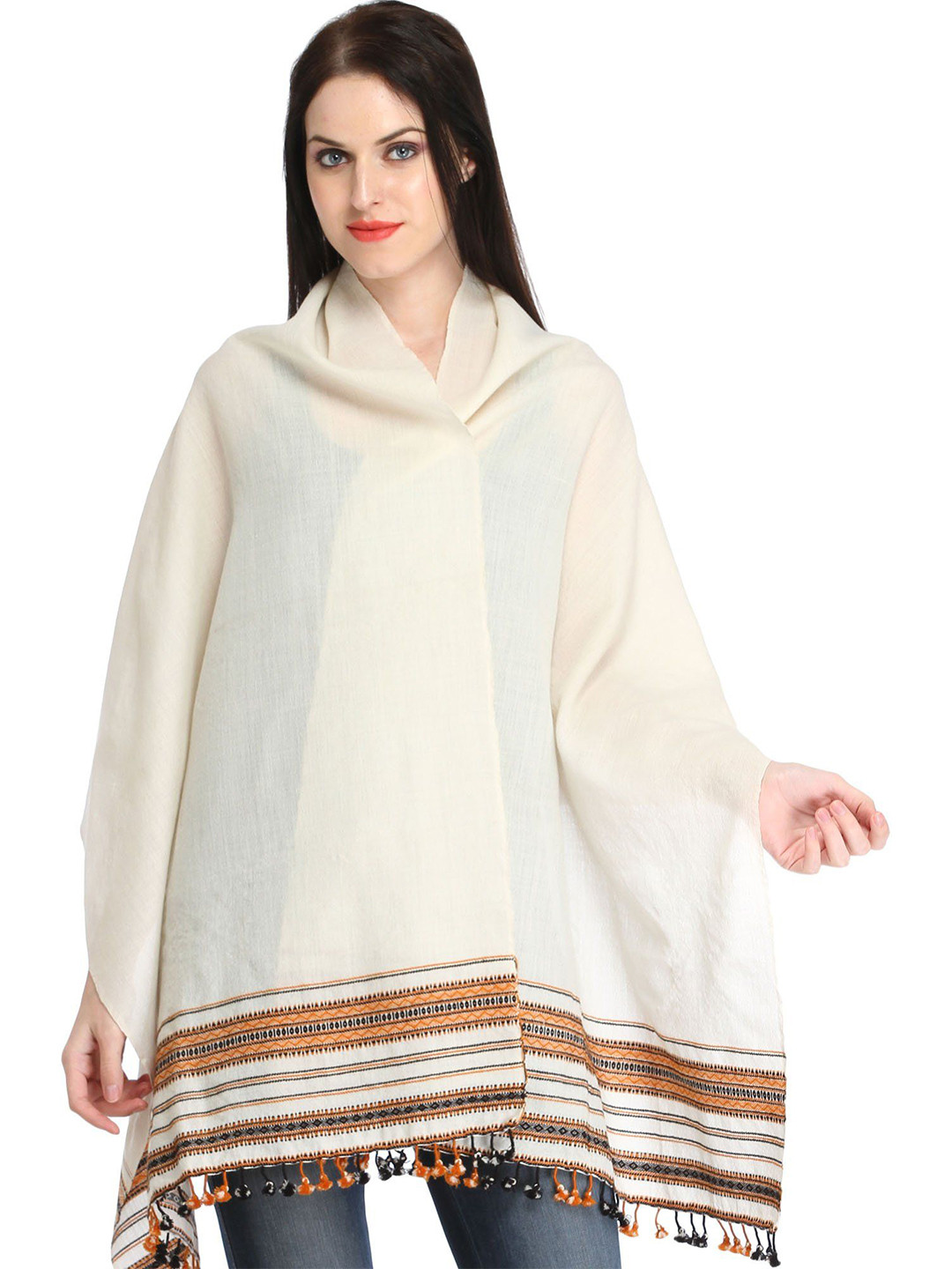 Exotic India Ivory Pure Wool Stole with Woven Border
