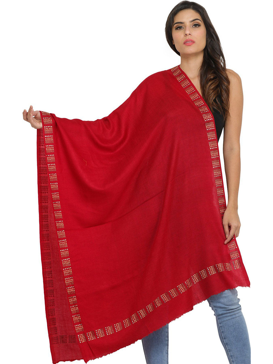 Exotic India Scarlet Red Pure Wool Plain Stole with Bead-work on Border