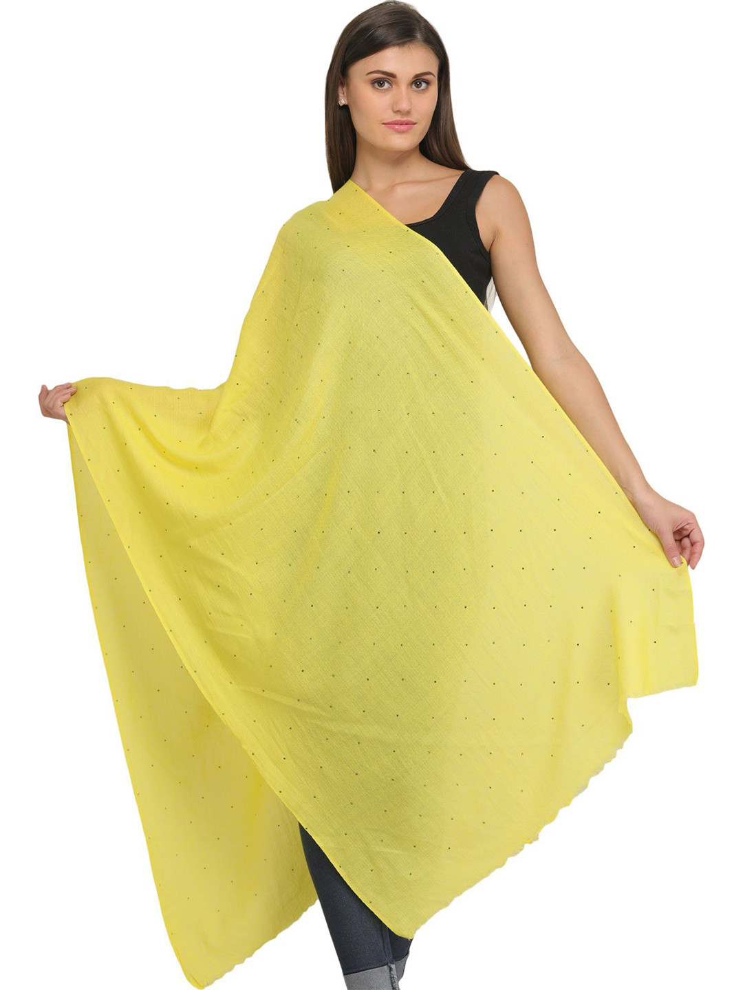 Exotic India Aurora Yellow Plain Silk Wool Stole with Self Weave and Crystals