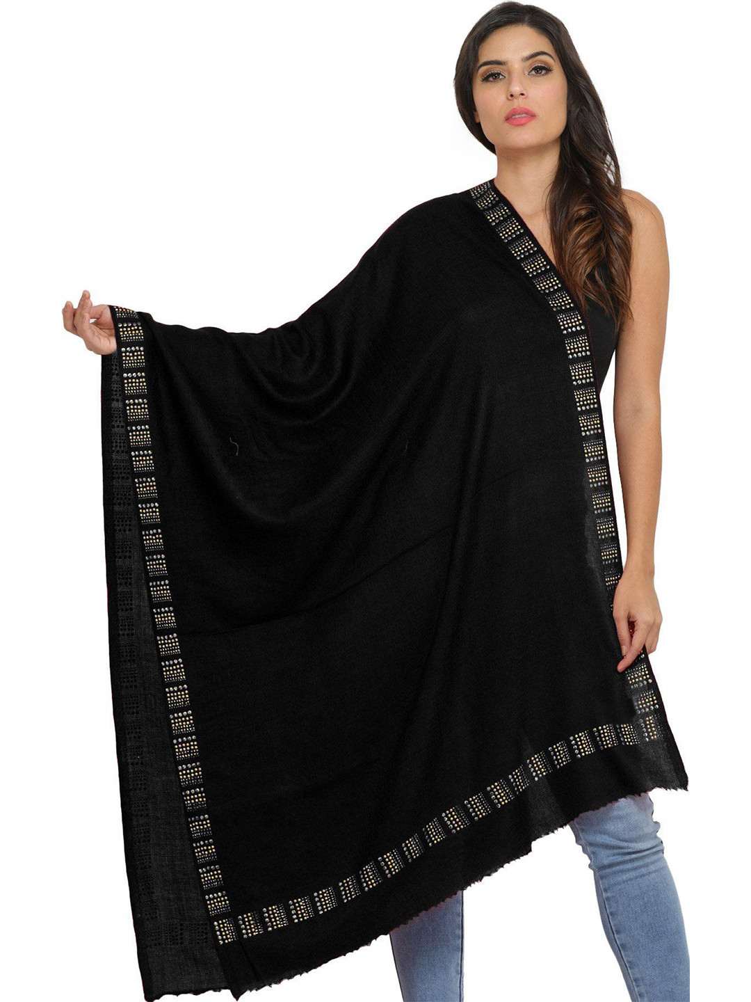 Exotic India Jet Black Pure Wool Plain Stole with Bead-work on Border