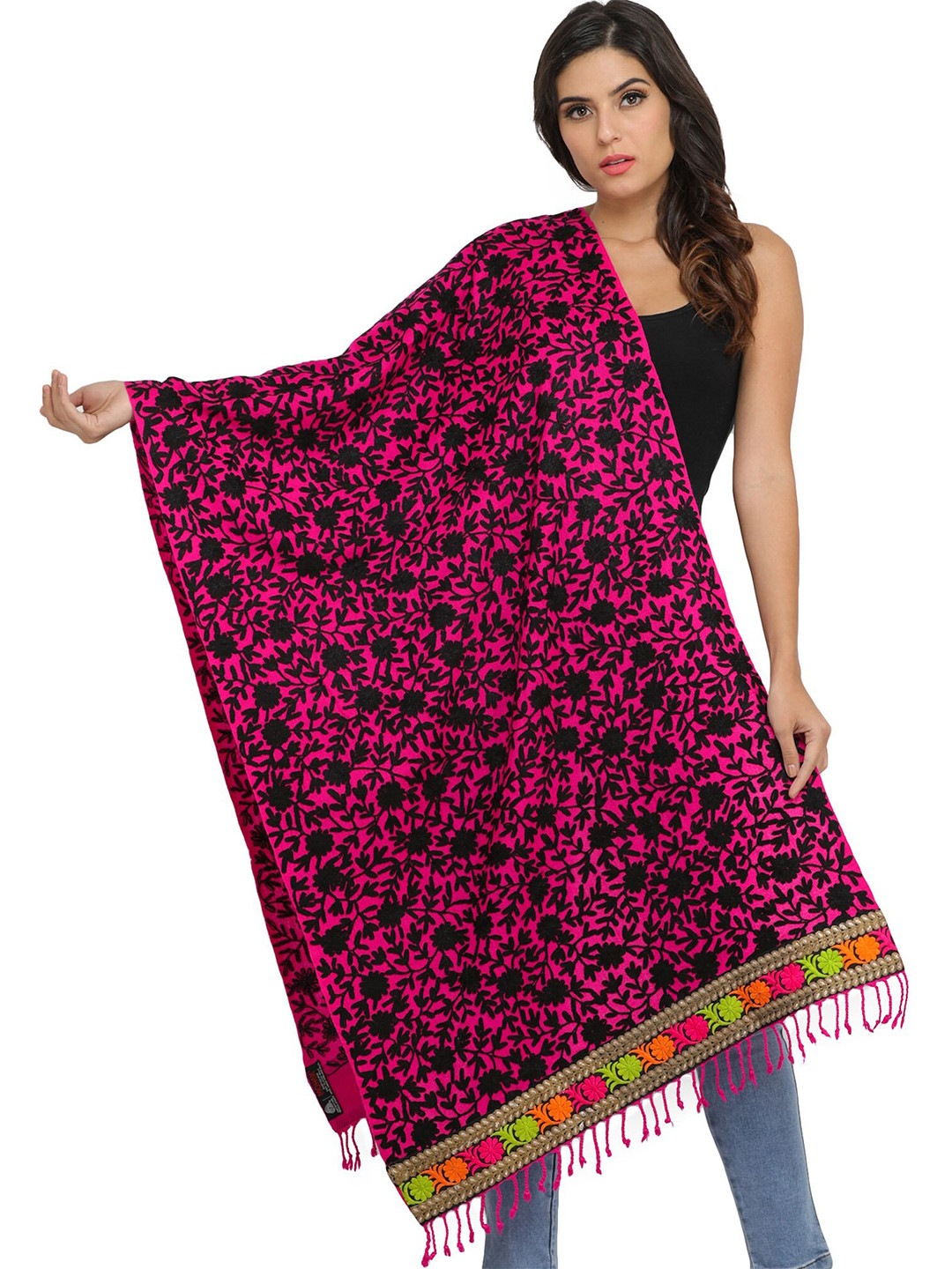 Exotic India Pink And Black Embroidered Flowers and Roses on Border Wool Phulkari Stole