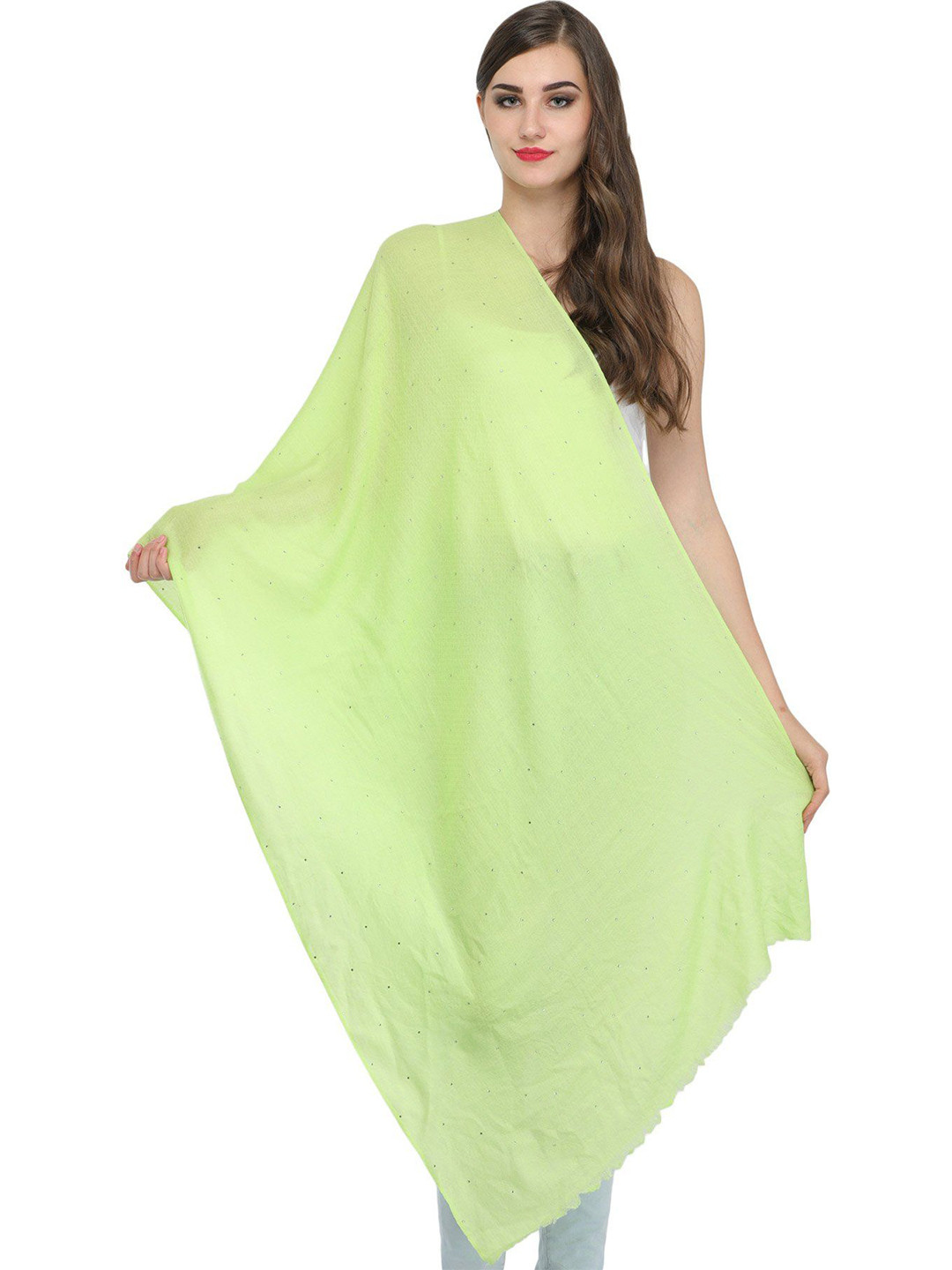 Exotic India Lettuce Green Plain Silk Wool Stole with Self Weave and Crystals