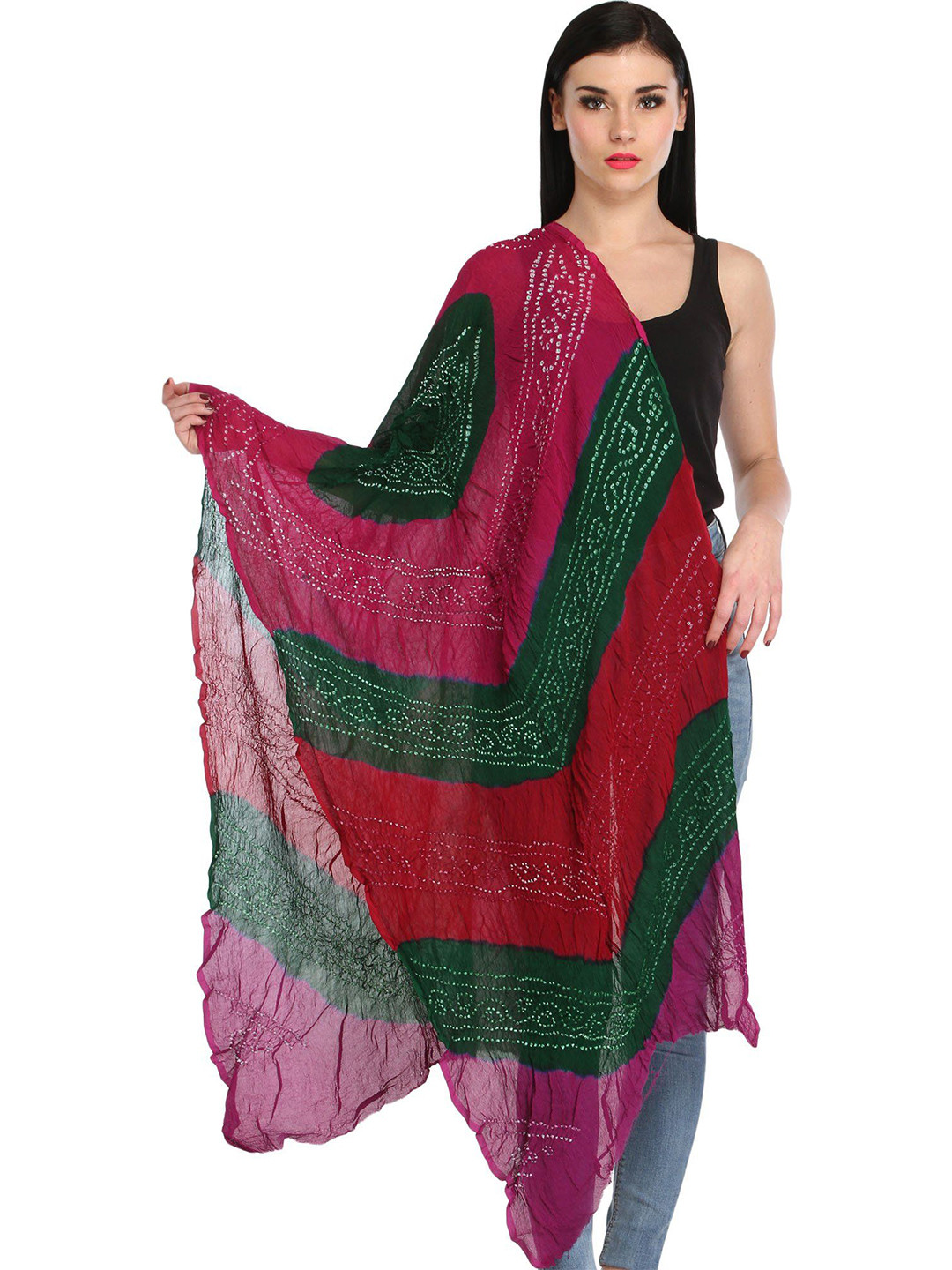 Exotic India Pink And Red Pure Chiffon Multicolored Crinkled Bandhani Tie-Dye Stole