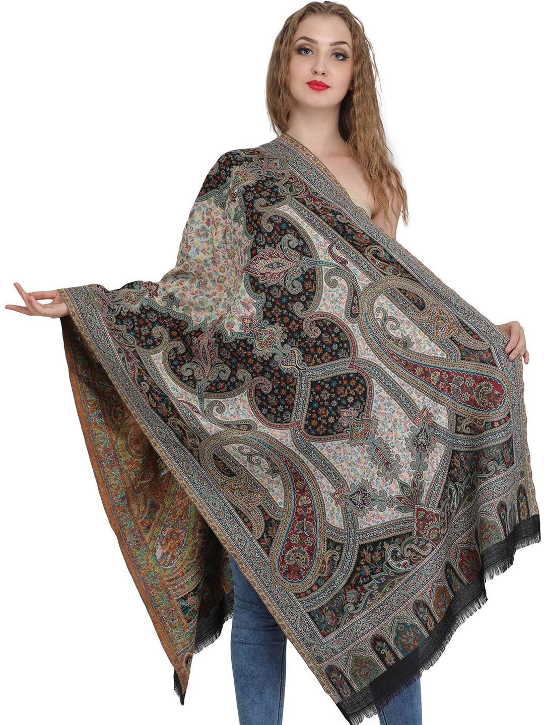 Exotic India Jet Black Woven Flowers and Paisleys Pure Wool Stole