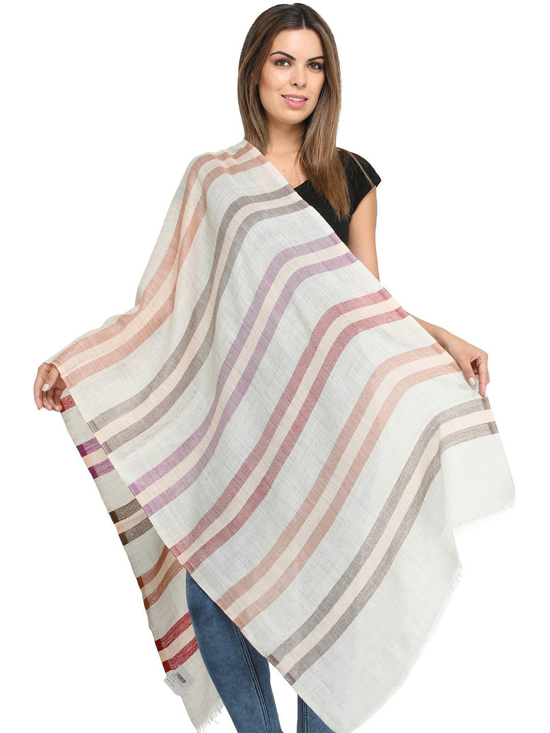 Exotic India Woven Stripes in Multicolor Thread Fine Pure Wool Stole