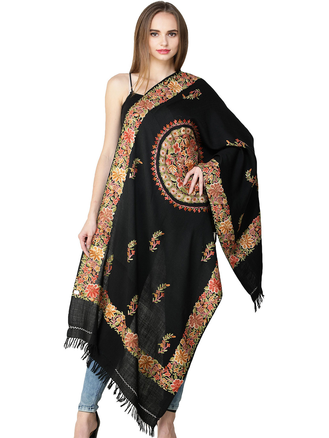 Exotic India Jet Black Kashmiri Stole with Aari Hand-Embroidered Mandala and Border