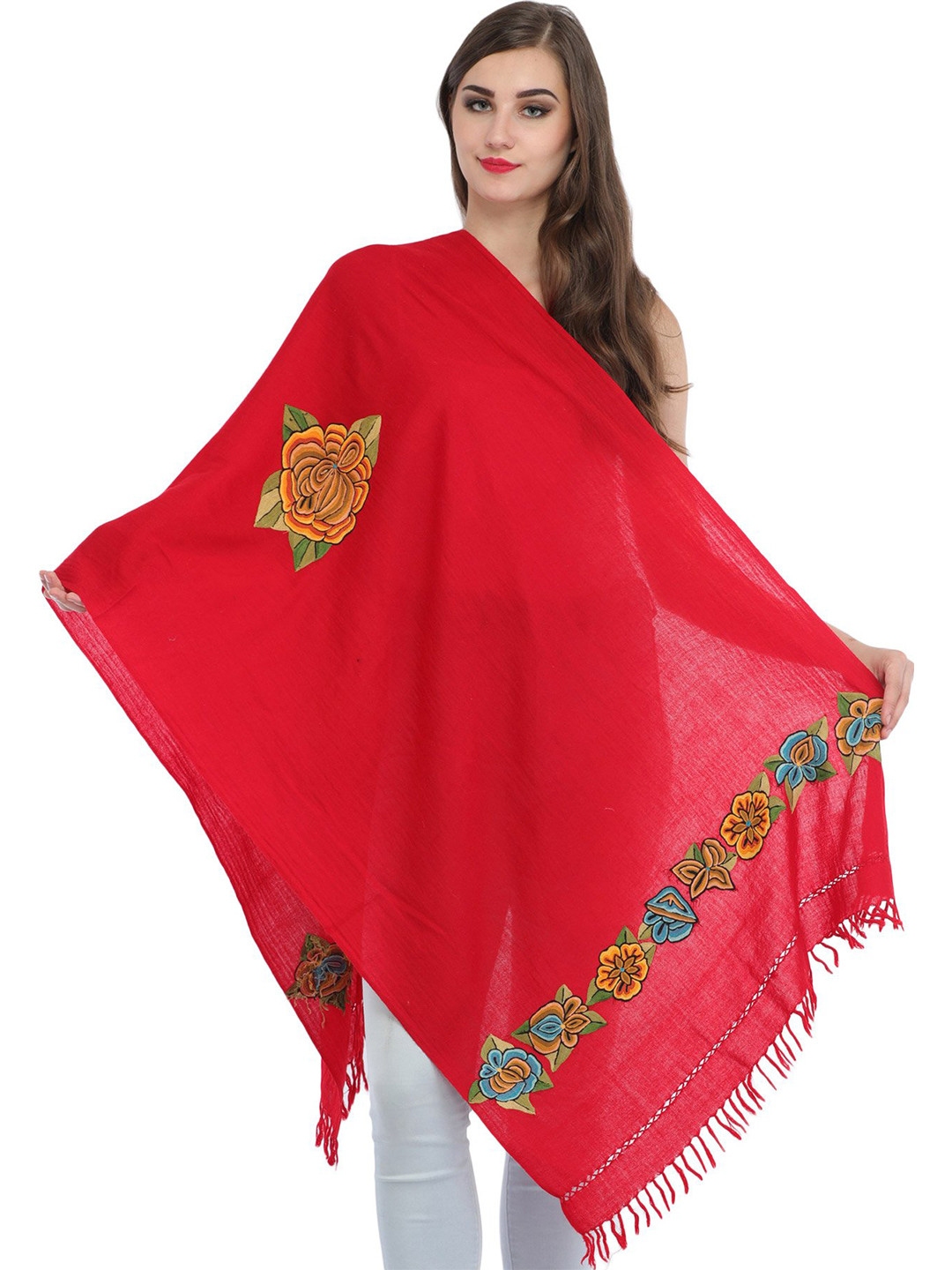 Exotic India True Red Aari Hand-Embroidered Flowers Pure Wool Kashmiri Stole