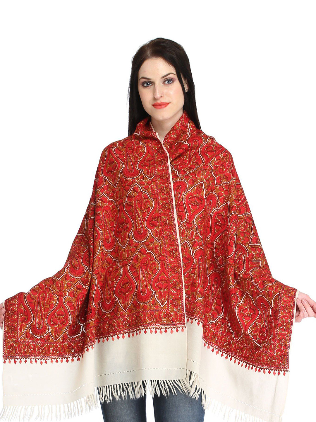 Exotic India Ivory and Red Pure Wool Aari Hand-Embroidered Kashmiri Stole