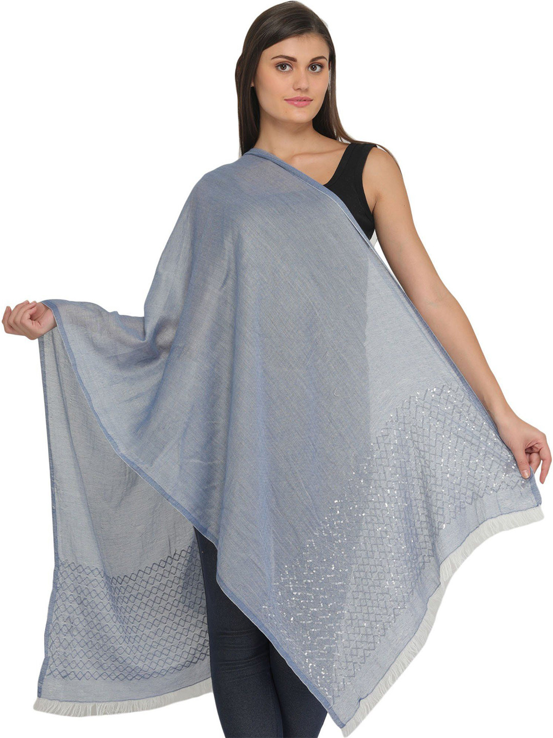 Exotic India Ashley Blue Plain Summer Stole with Embroidered Sequins on Border