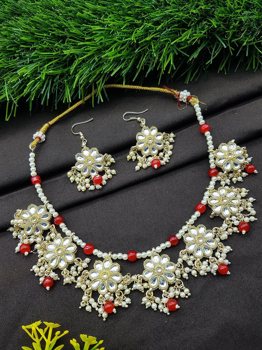 GRIIHAM Women Gold-Plated Stone-Studded & Beaded Jewellery Set