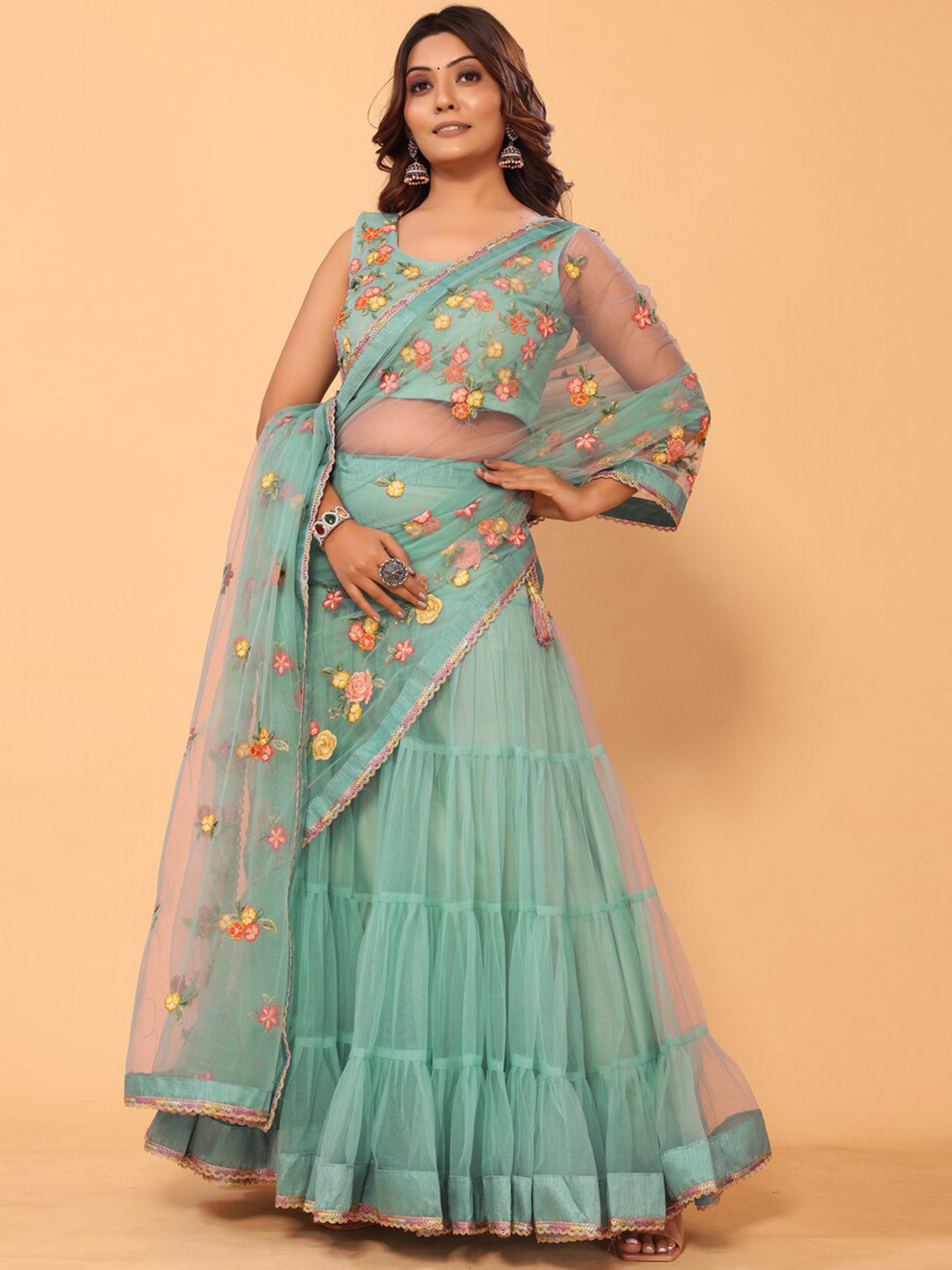 PATLANI STYLE Floral Embroidered Net Lehenga Saree