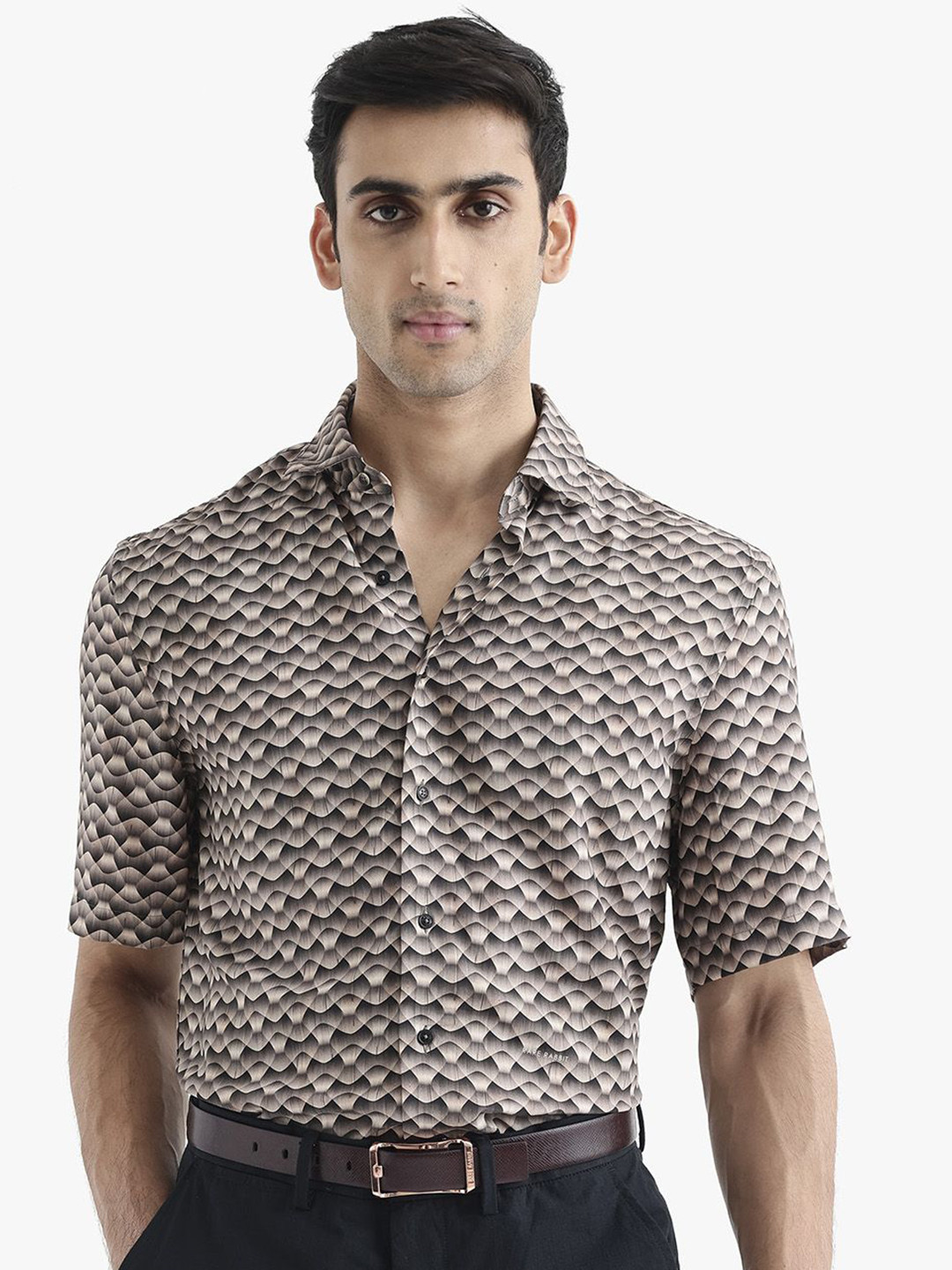 RARE RABBIT MONAR SS PRIMARY BEIGE Men Printed Opaque Shirt