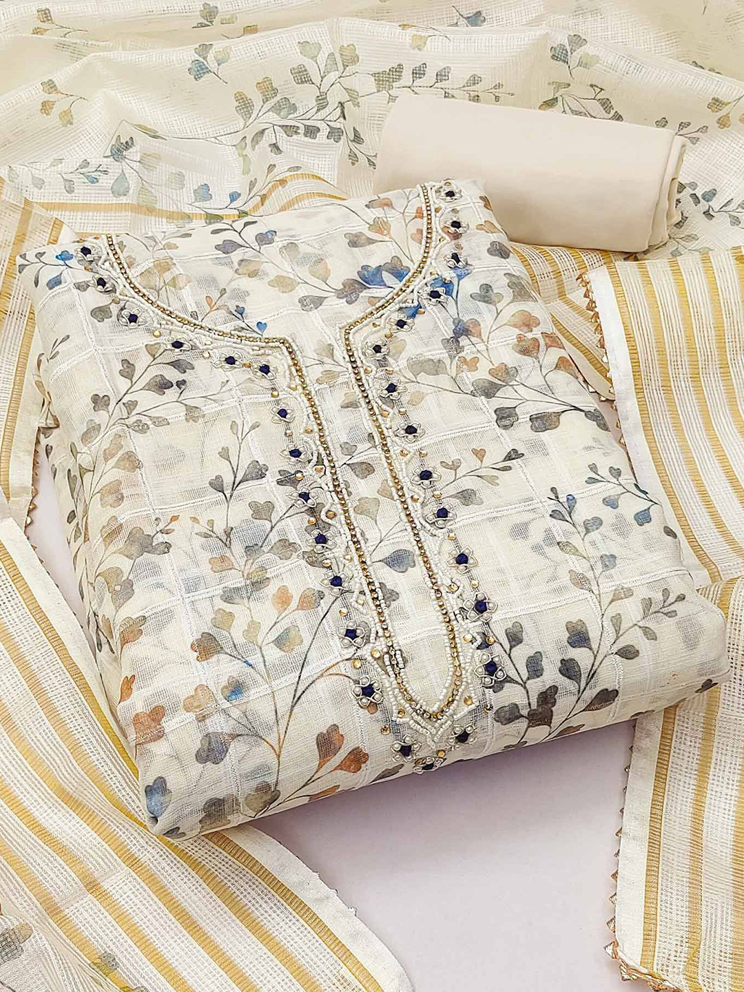 Peachmode Floral Printed Beads & Stones Linen Unstitched Dress Material