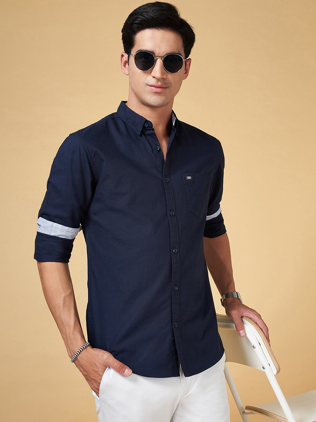 BYFORD by Pantaloons Men Slim Fit Opaque Navy blue Cotton Casual Shirt