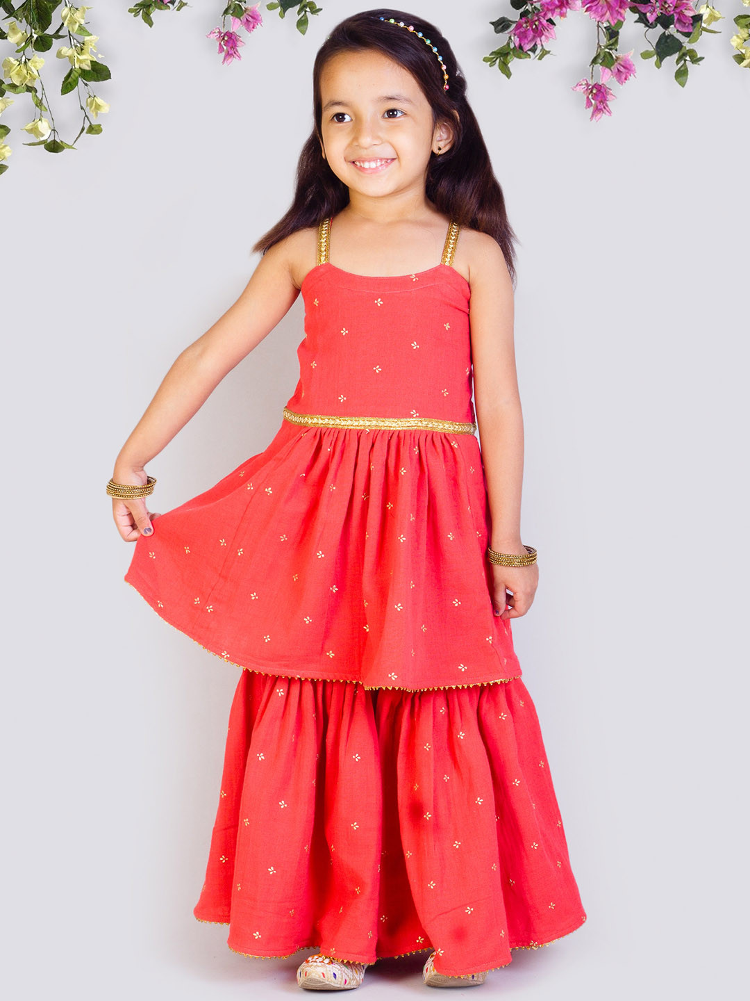 Tangerine Closet Girls Floral Embroidered Regular Pure Cotton Kurta with Sharara